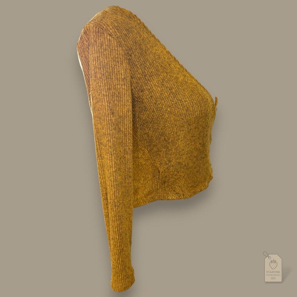 Mustard Ribbed Wrap Sweater Juniors' M | Deep V-Neck Side Tie - Picture 3 of 5